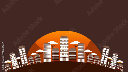 Vector illustration of a panoramic city skyline at sunset with modern buildings and orange sky
