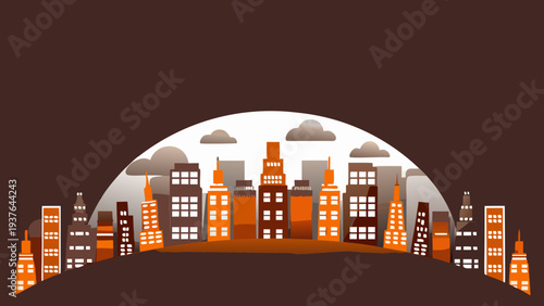 Flat vector illustration of a vibrant orange and brown cityscape silhouette at dusk with illuminated windows and cloudy sky