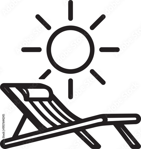 Black line vector icon of beach lounge chair under bright shining sun, summer relaxation, sunbathing symbol for vacation, travel, holiday and leisure design projects, Adobe Stock