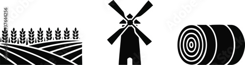 Rural Agriculture and Farming Vector Set - Wheat Field Landscape, Traditional Windmill, and Hay Bale Silhouettes