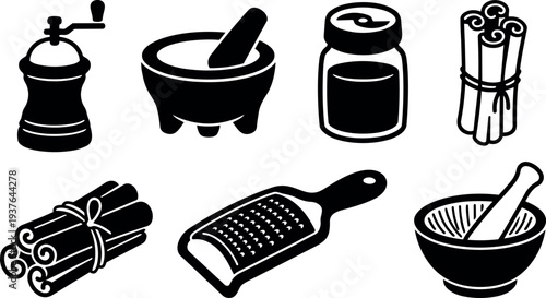 Flat design close up spice kitchen icons mortar and pestle cinnamon sticks pepper grinder jar grater set top view simple