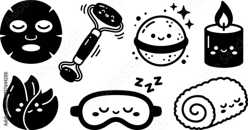 Flat design kawaii spa icon set smiling face mask jade roller bath bomb scented candle eye mask towel roll sleeping