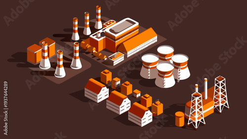 Isometric illustration of industrial power plant buildings and facilities with smokestacks factories and infrastructure on brown background