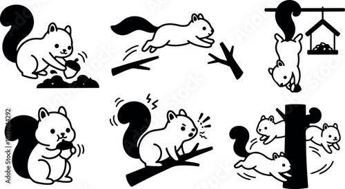 Line art playful squirrel icons showing digging jumping hanging climbing and eating nuts in simple black and white vector set