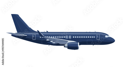Modern Dark Blue Passenger Jet Airplane Side View Isolated White Background