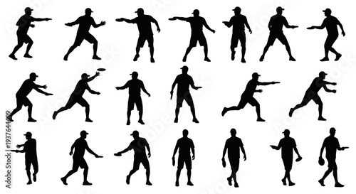 Man Playing Ultimate Frisbee Silhouette Set: Throwing, Catching, Running Poses