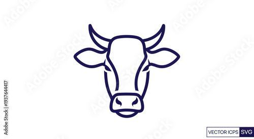 Simple Line Art Icon of a Cow Head with Horns on White Background