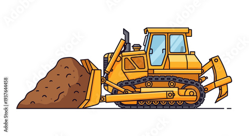 Yellow bulldozer pushing dirt, construction vehicle, heavy machinery, illustration