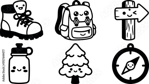 Kawaii line art hiking icon set showing smiling boot backpack water bottle tree compass and wooden sign close up front