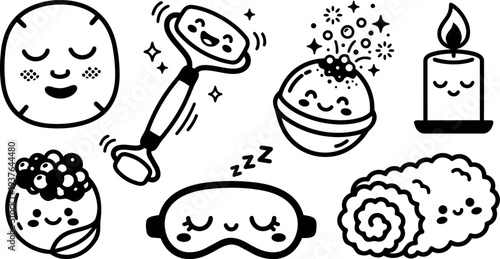 Line art kawaii spa icons close up smiling face eye mask bath bomb jade roller candle towel vector black outline