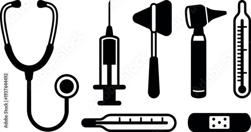 Flat design minimalist medical icon set showing stethoscope syringe reflex hammer otoscope clinical thermometer bandage in close up black silhouettes