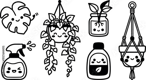 Cute line art plant care icons smiling leaves hanging pot spray bottle fertilizer jar vector set playful kawaii style minimal