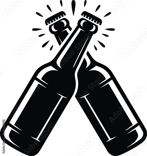 Beer bottles cheers silhouette vector illustration, clinking beer toast icon, celebration drink symbol, brewery party clipart design