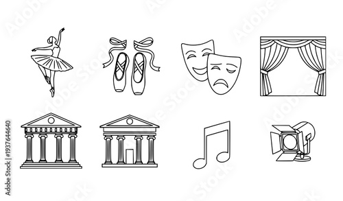 A set of vector icons representing various art and performance themes