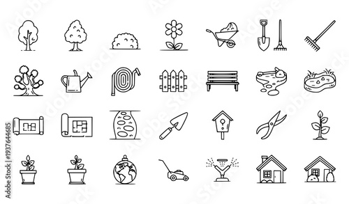 A set of minimalist line art icons depicting various gardening tools and elements