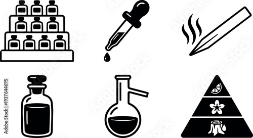 Flat design close up aromatherapy icon set bottles dropper incense pyramid essential oil bottle on white minimal line art simple