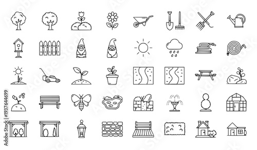 A set of minimalist line art icons depicting various gardening and outdoor elements