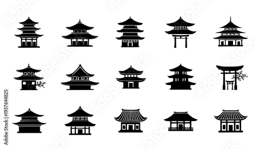 A set of black and white vector illustrations of Asian pagoda buildings