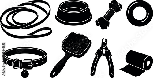 Flat design top view pet accessory set leash bowl bone donut collar brush nail clippers poop bag roll black silhouette