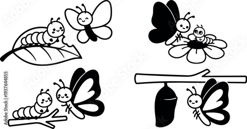 Whimsical kids doodle close up smiling caterpillar and butterfly life cycle showing crawling feeding chrysalis emerging on leaf and flower