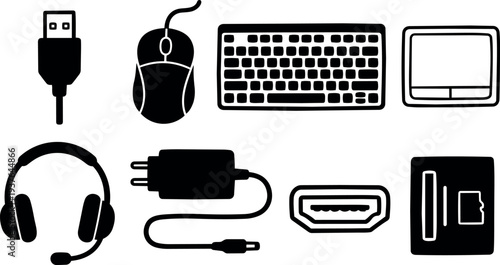 Flat design tech accessories icon set showing usb mouse keyboard monitor headphones charger hdmi sd card simple layout top view