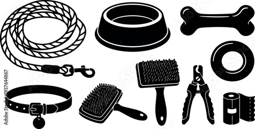 Flat silhouette pet accessories set with leash collar bowl bone brushes nail clippers poop bags ring toy close up studio
