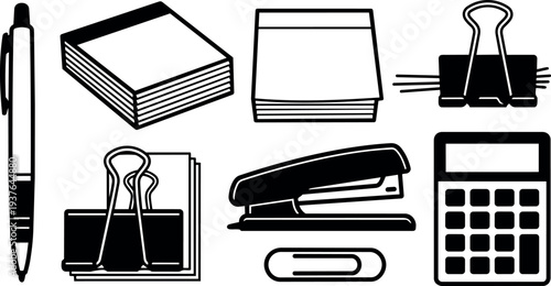 Minimalist vector flat icon top view black office supplies pen stapler paper clip binder sticky notes calculator stack of paper