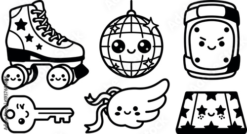 Whimsical kawaii line art roller skate disco ball key wing patchwork mat smiling faces close up flat vector cute sticker