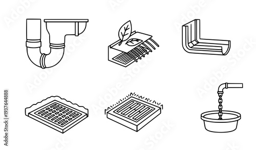 A set of six black and white line art illustrations of various gutter and downspout components