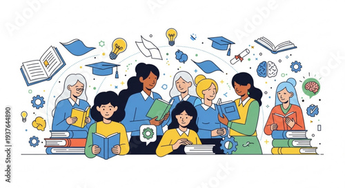 Diverse group of people learning together with books and education icons floating around them in a colorful illustration
