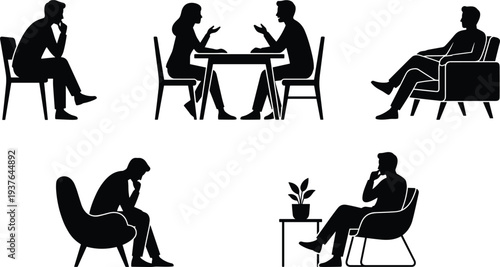 Black and white silhouette set of people sitting talking thinking therapy counseling meeting conversation office psychology discussion concept vector illustration,