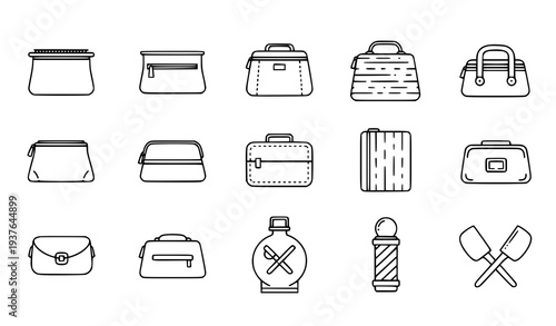 A collection of various handbag and luggage icons in a minimalist line art style