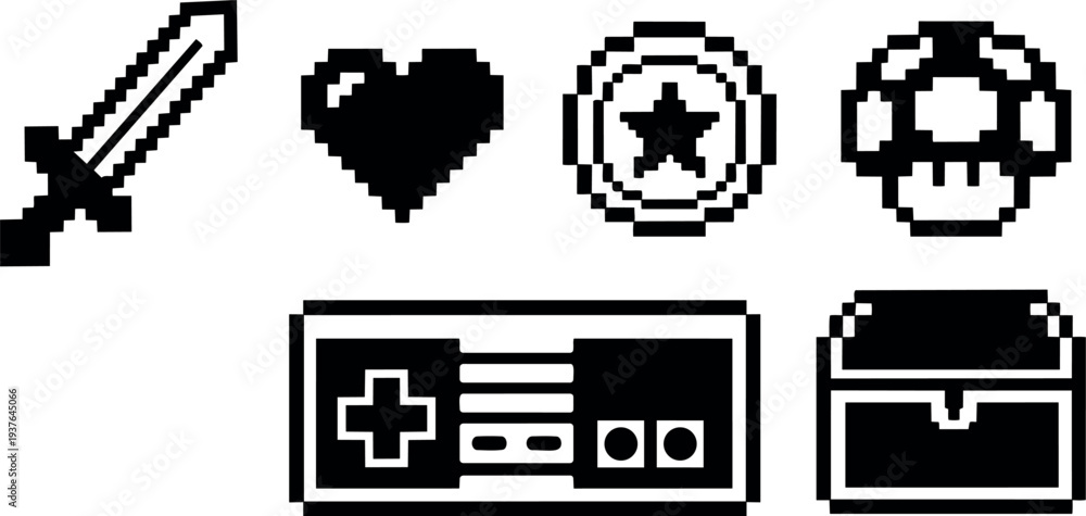 Fototapeta premium Pixel art 8 bit retro game icons sword heart coin mushroom controller chest close up top view on white background