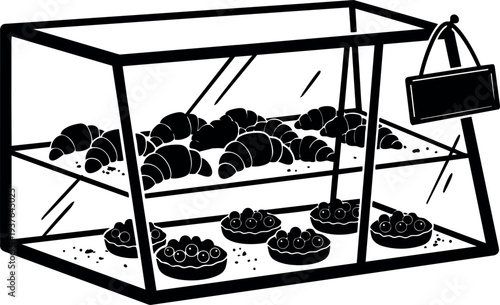 Line art close up bakery display case with croissants and fruit tarts side view glass counter monochrome vector illustration simple