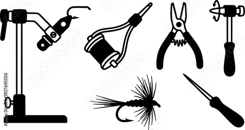 Flat design close up fly tying vise with spool pliers bobbin hammer and finished dry fly silhouette three quarter angle