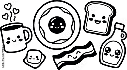 Kawaii line art close up breakfast icons smiling coffee fried egg bacon toast syrup butter plate cute vector set arrangement