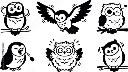 Cute line art owl sticker set six expressions sitting flying winking perching feeding shaking branches playful vector icons bold outline