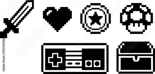Pixel art 8 bit retro game icons sword heart coin mushroom controller chest close up top view on white background