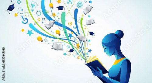 Woman reading book with graduation caps and papers flying out symbolizing education and learning