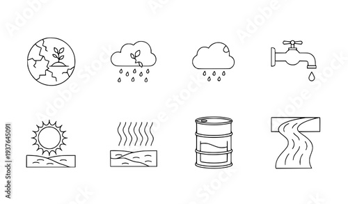 A set of eight line art icons depicting various environmental and ecological concepts