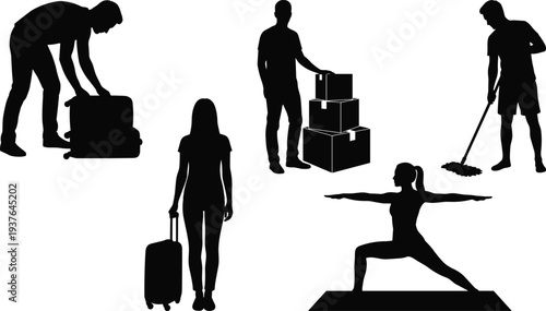 Black silhouette people activities set, traveler with suitcase, packing luggage, delivery boxes, cleaning floor, yoga pose, everyday lifestyle vector illustration