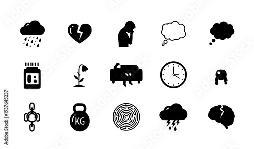 A set of black and white vector icons representing mental health and wellness