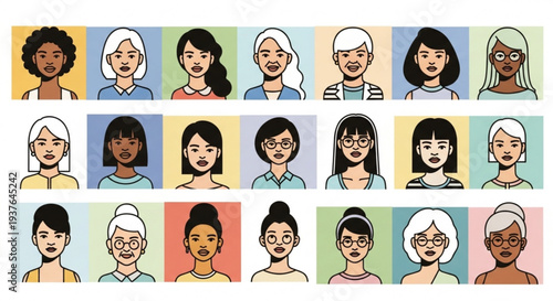 Diverse group of happy women with different skin tones and hairstyles in colorful backgrounds