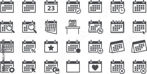 Calendar and schedule icon set with date planner, event reminder, appointment management and timetable symbols vector illustration