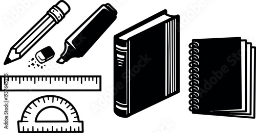 Flat vector school supplies set pencil eraser highlighter ruler protractor hardcover book spiral notebook isolated black silhouette icons simple studio