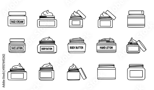 A set of black and white line art illustrations of various cosmetic cream jars and containers