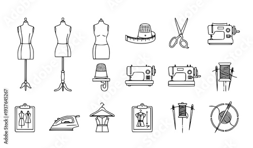 A collection of sewing and fashion design icons and illustrations