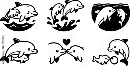 Minimalist line art vector dolphins mother and calf jumping and playing with ball close up side view affectionate friendly icons