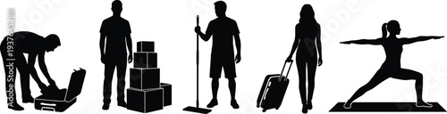 Black silhouette people activity set including packing luggage, delivery boxes worker, cleaning mop man, traveler suitcase, yoga fitness pose