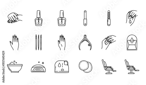 A set of minimalist line art icons depicting various nail care and beauty tools